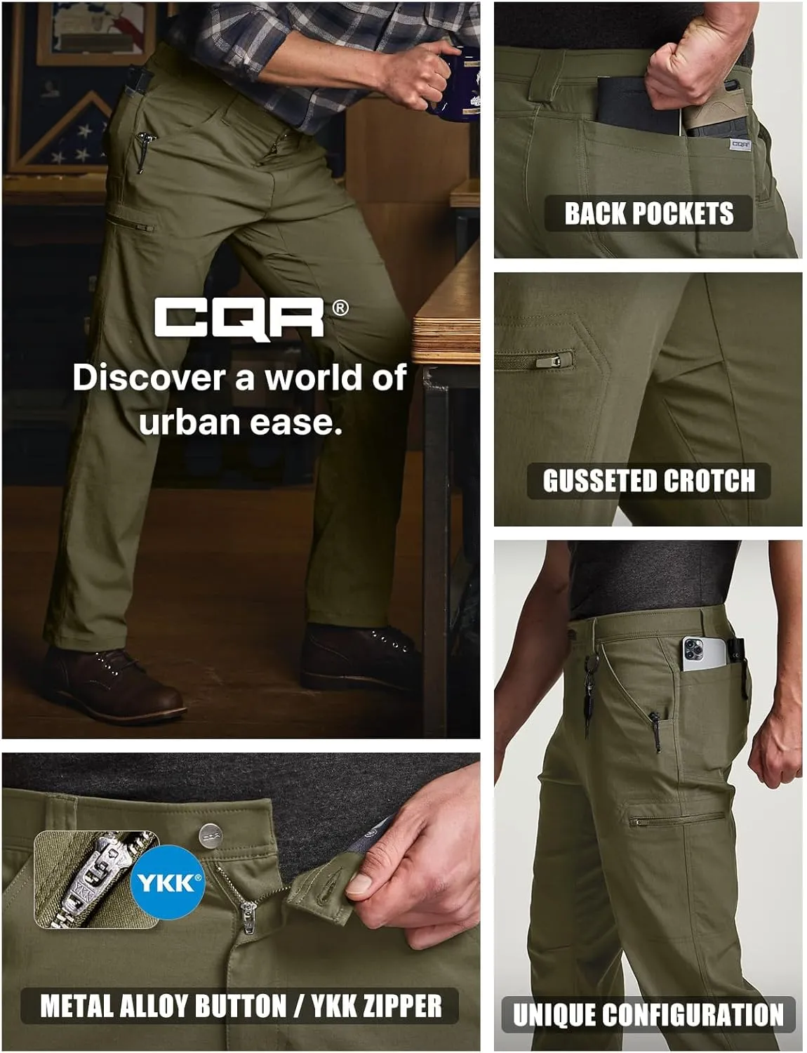 CQR Men's Vent Stretch Pants, Quick Dry Lightweight Casual Cargo Pants, Water Resistant Straight-Fit Utility Work Pants