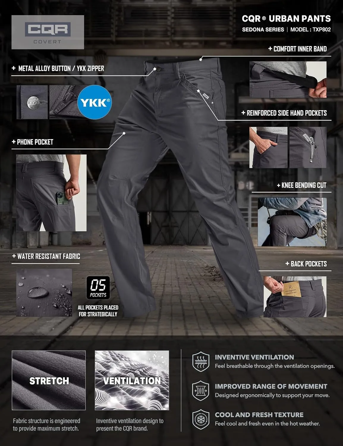 CQR Men's Vent Stretch Pants, Quick Dry Lightweight Casual Cargo Pants, Water Resistant Straight-Fit Utility Work Pants