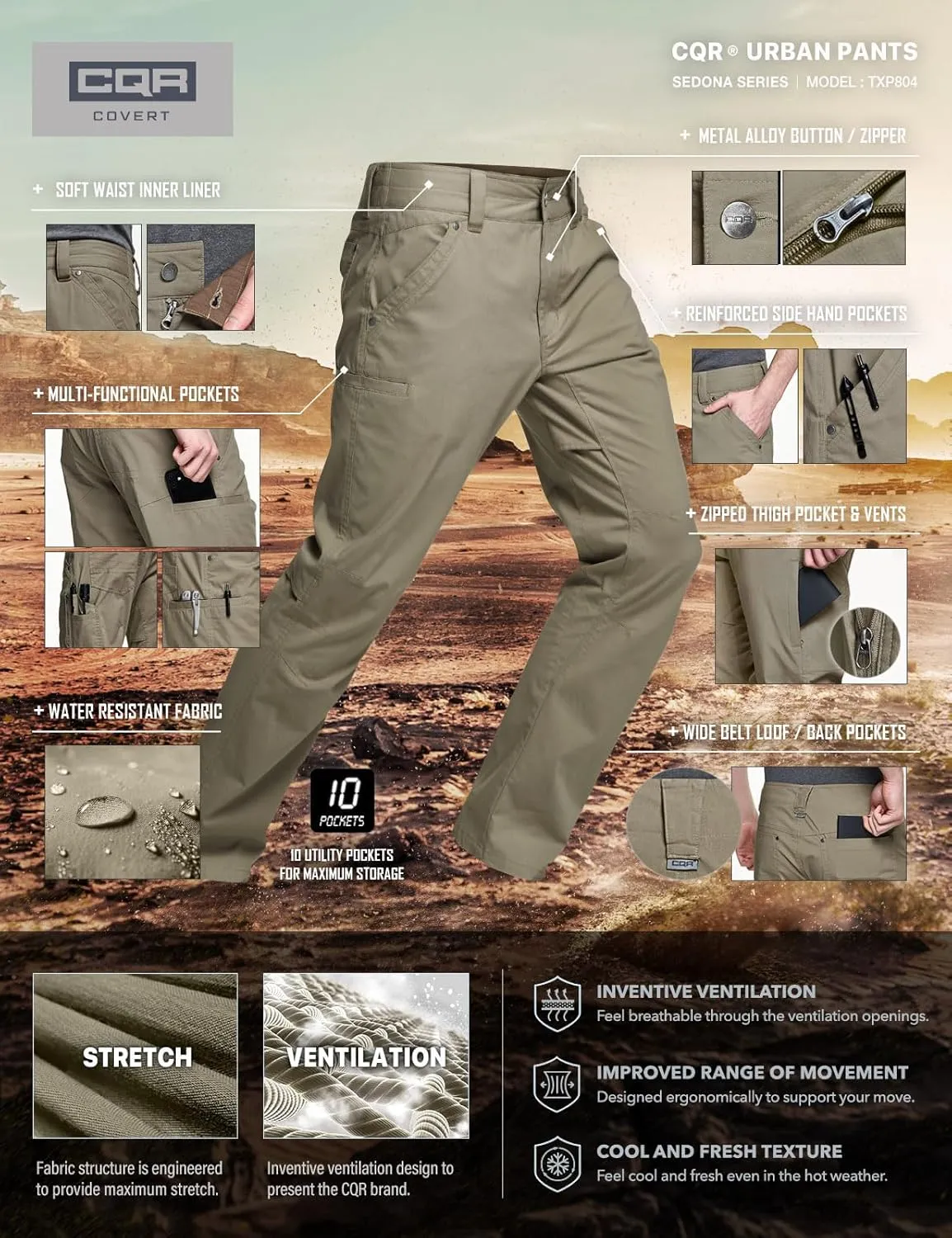 CQR Men's Vent Stretch Pants, Quick Dry Lightweight Casual Cargo Pants, Water Resistant Straight-Fit Utility Work Pants