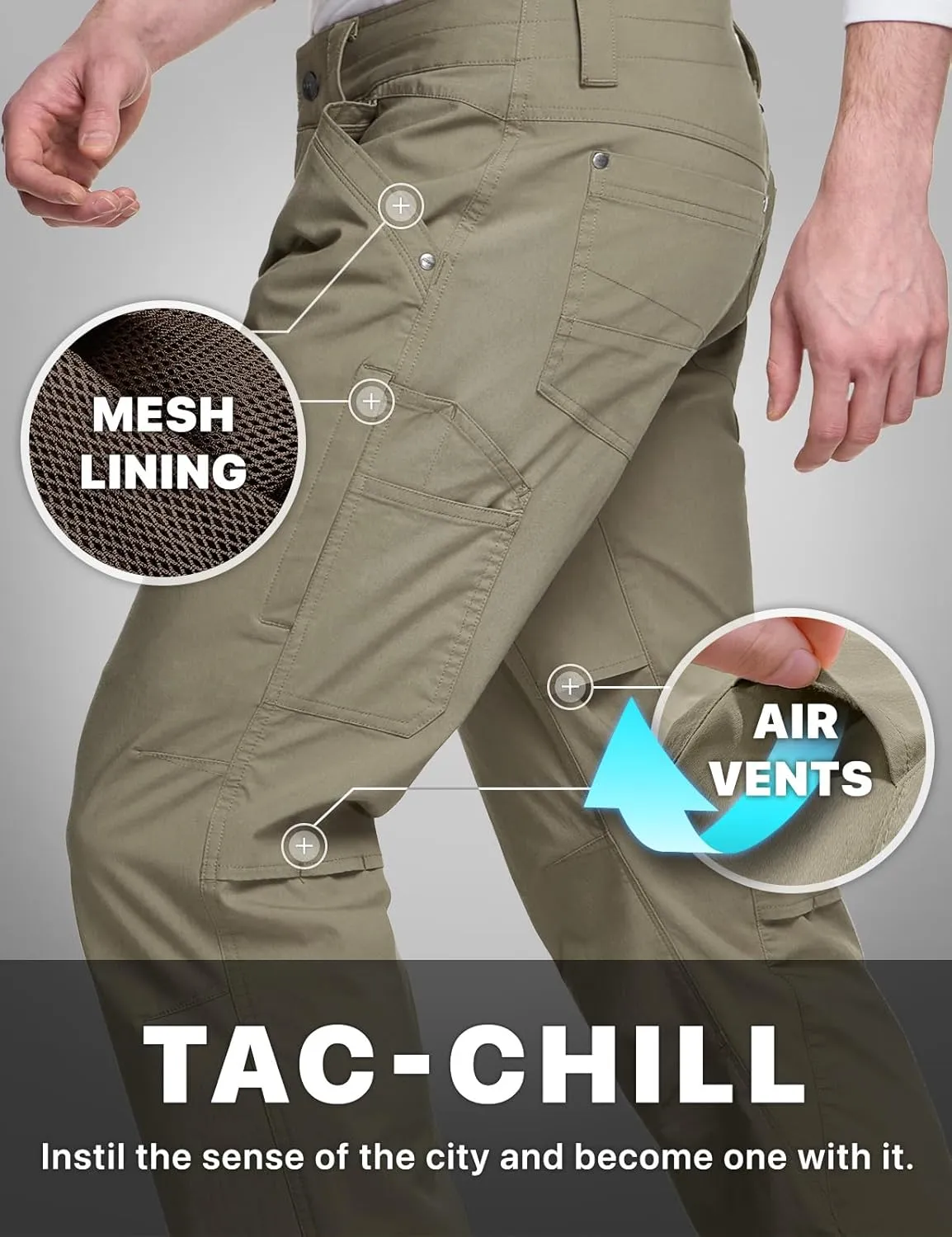 CQR Men's Vent Stretch Pants, Quick Dry Lightweight Casual Cargo Pants, Water Resistant Straight-Fit Utility Work Pants