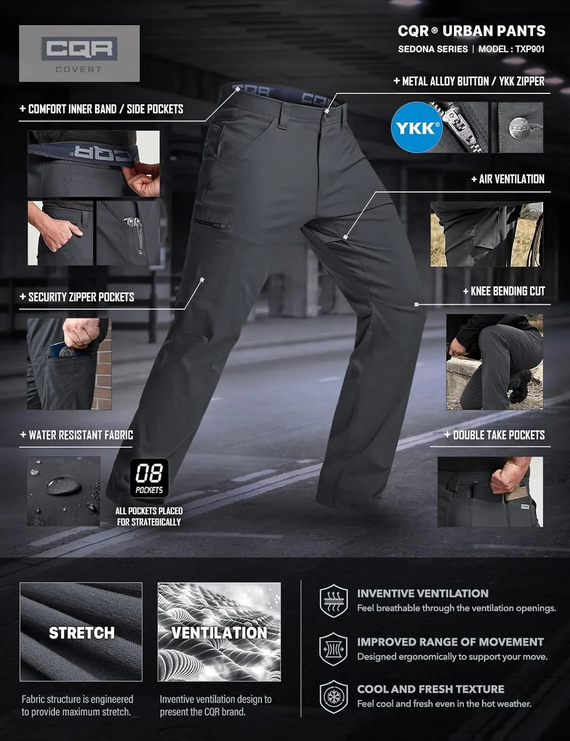CQR Men's Vent Stretch Pants, Quick Dry Lightweight Casual Cargo Pants, Water Resistant Straight-Fit Utility Work Pants