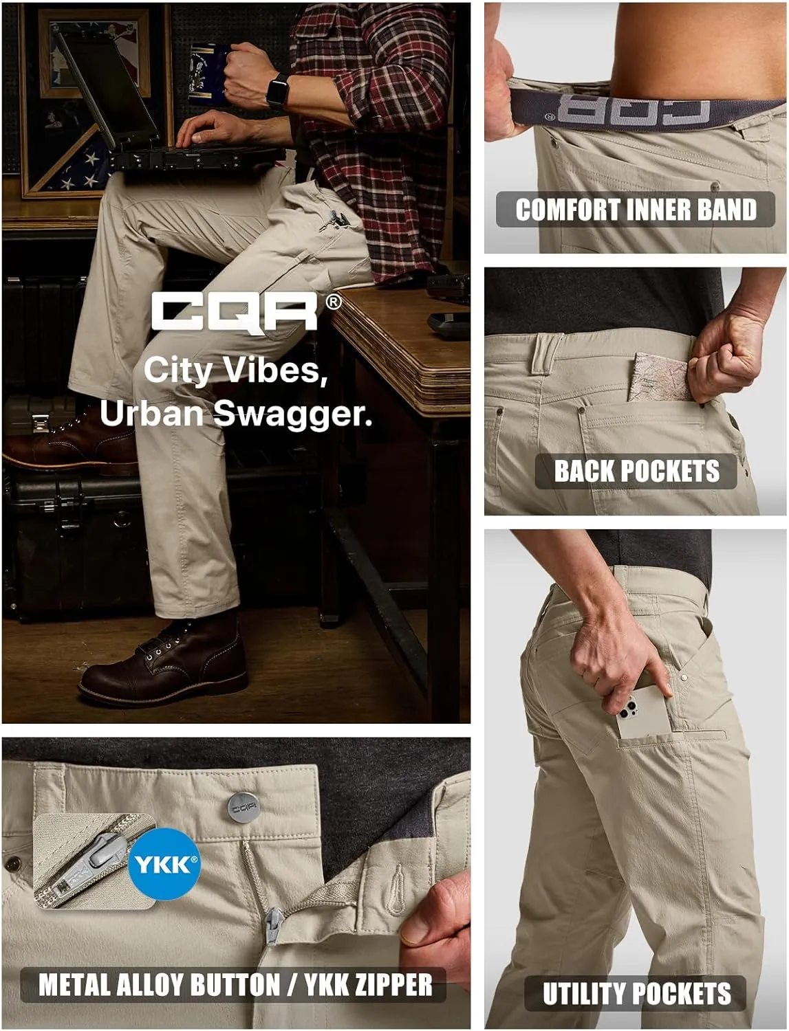 CQR Men's Vent Stretch Pants, Quick Dry Lightweight Casual Cargo Pants, Water Resistant Straight-Fit Utility Work Pants