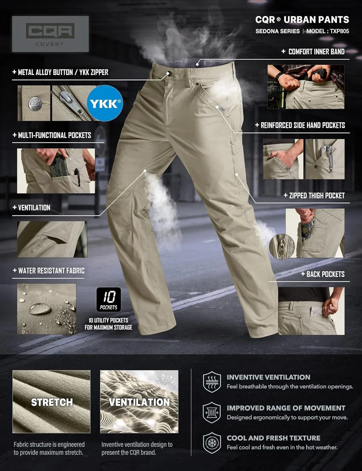 CQR Men's Vent Stretch Pants, Quick Dry Lightweight Casual Cargo Pants, Water Resistant Straight-Fit Utility Work Pants