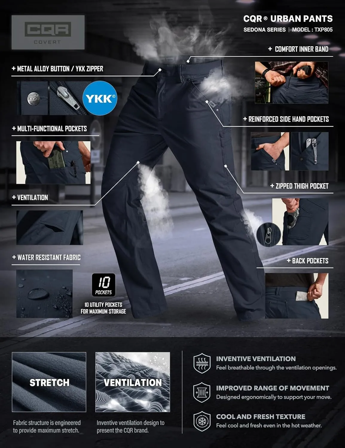 CQR Men's Vent Stretch Pants, Quick Dry Lightweight Casual Cargo Pants, Water Resistant Straight-Fit Utility Work Pants