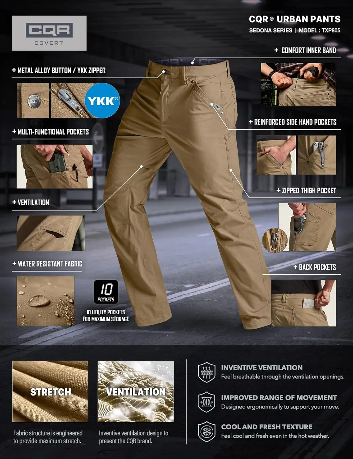 CQR Men's Vent Stretch Pants, Quick Dry Lightweight Casual Cargo Pants, Water Resistant Straight-Fit Utility Work Pants