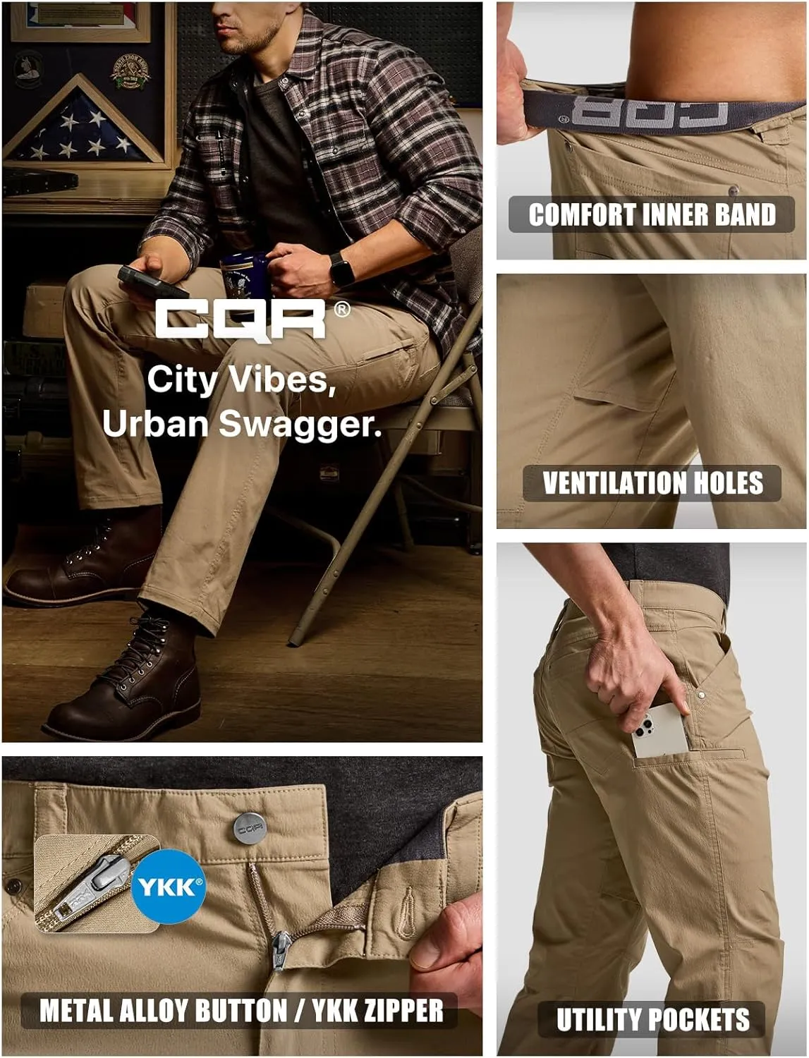 CQR Men's Vent Stretch Pants, Quick Dry Lightweight Casual Cargo Pants, Water Resistant Straight-Fit Utility Work Pants