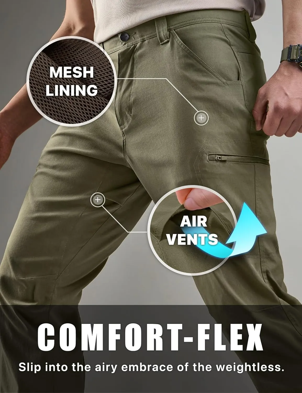 CQR Men's Vent Stretch Pants, Quick Dry Lightweight Casual Cargo Pants, Water Resistant Straight-Fit Utility Work Pants