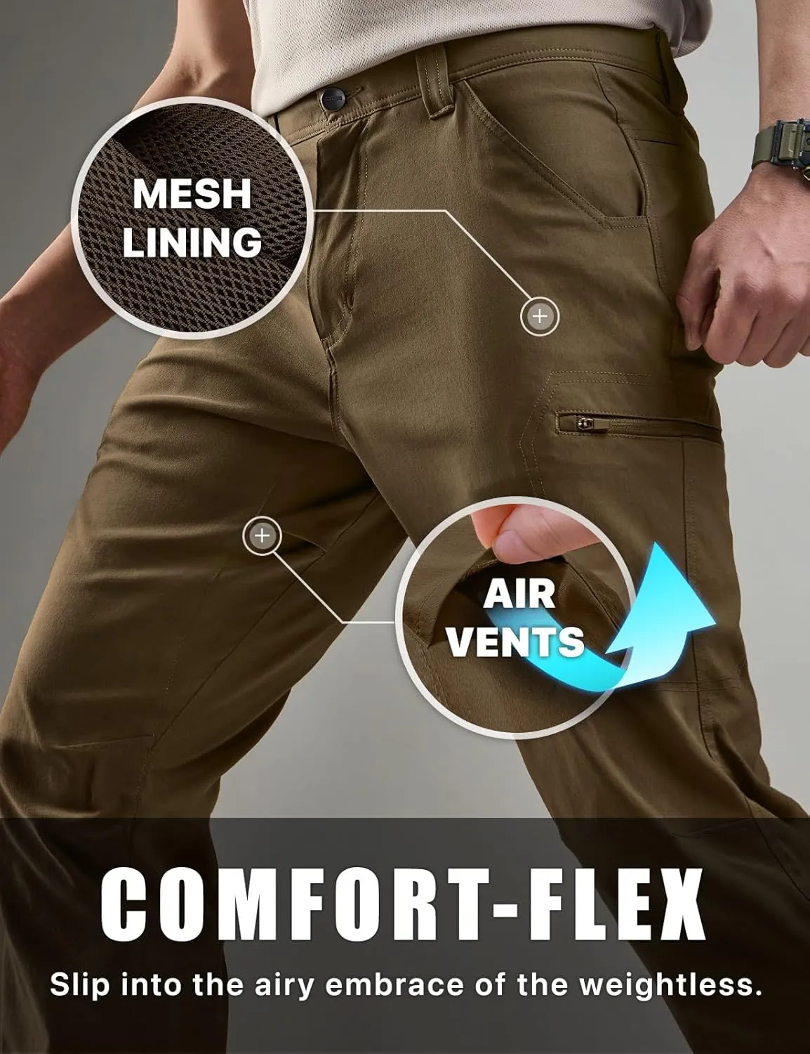 CQR Men's Vent Stretch Pants, Quick Dry Lightweight Casual Cargo Pants, Water Resistant Straight-Fit Utility Work Pants