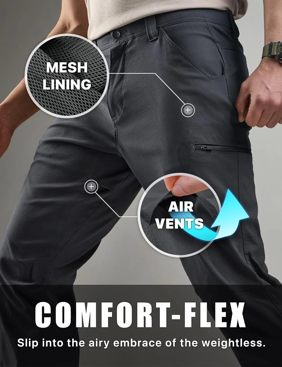 CQR Men's Vent Stretch Pants, Quick Dry Lightweight Casual Cargo Pants, Water Resistant Straight-Fit Utility Work Pants