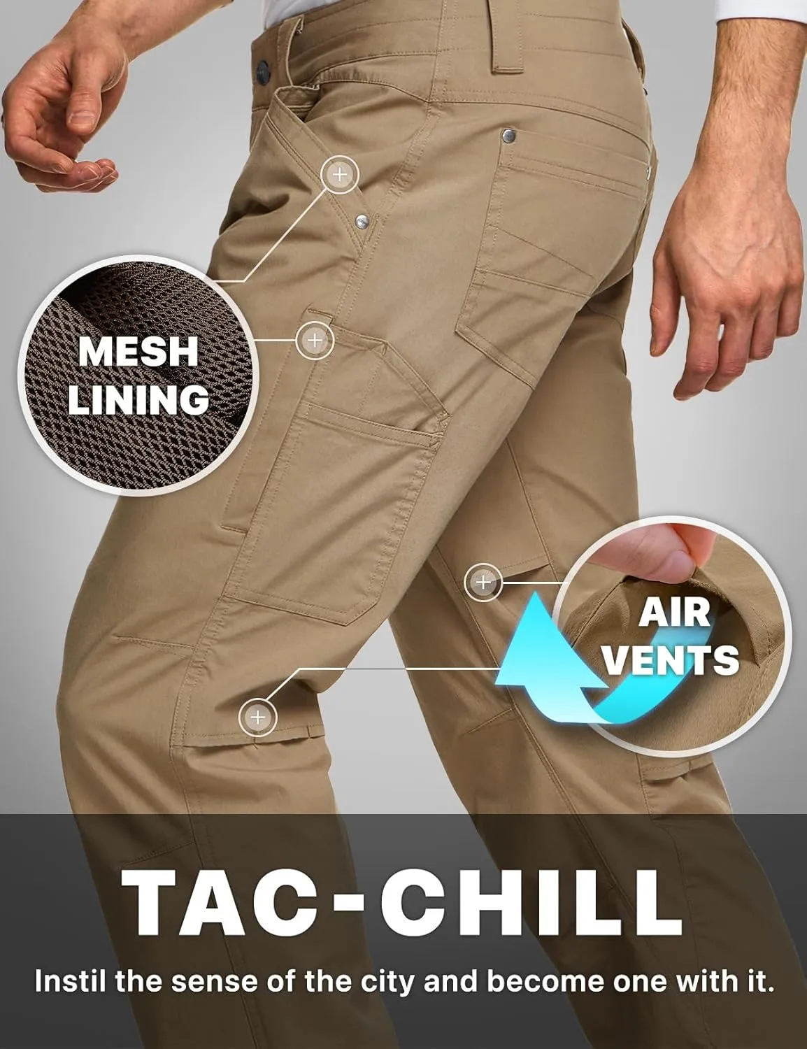CQR Men's Vent Stretch Pants, Quick Dry Lightweight Casual Cargo Pants, Water Resistant Straight-Fit Utility Work Pants