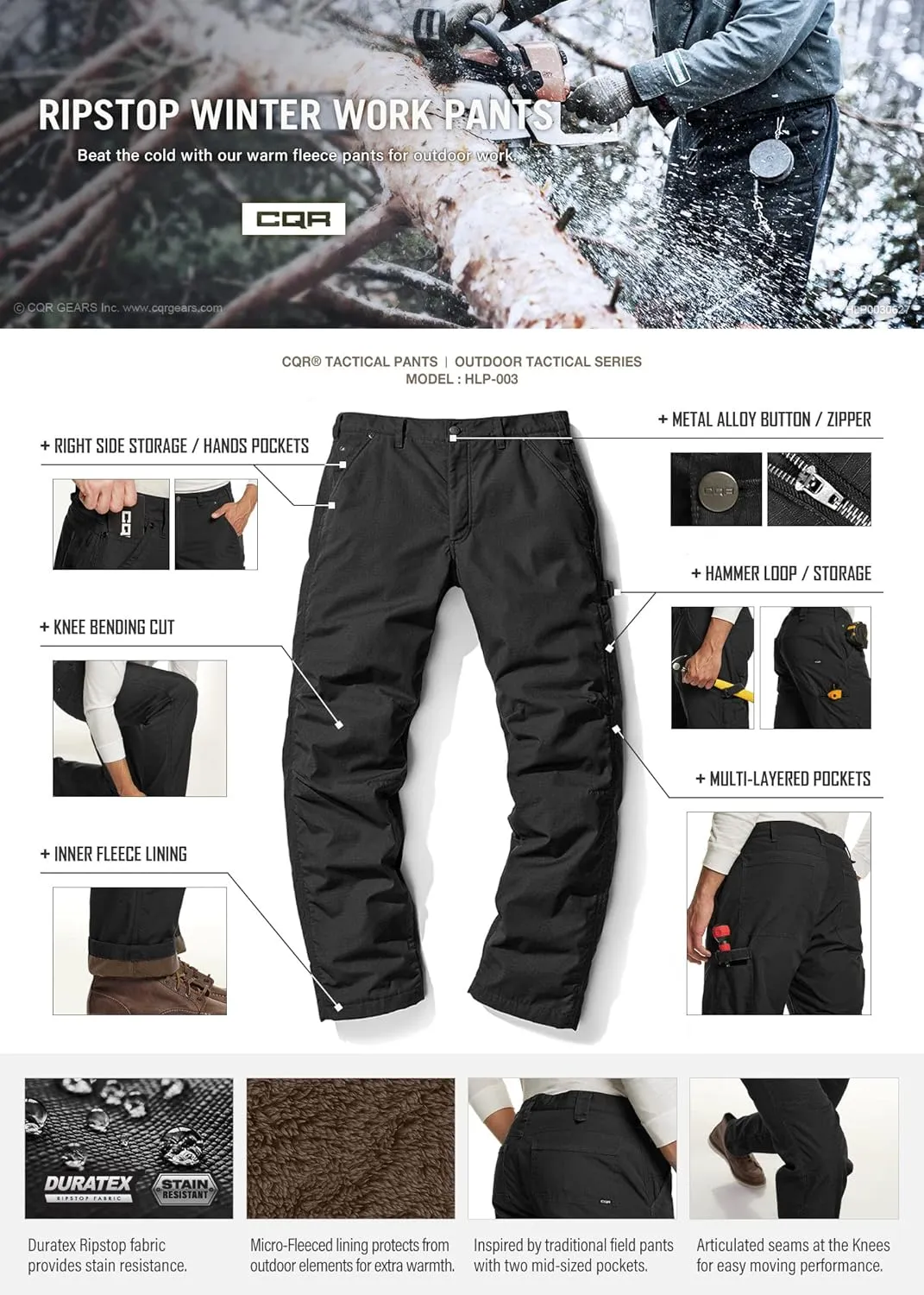 CQR Men's Winter Fleece Lined Pants, Water-Resistant Outdoor Stretch Work Pants, Windproof Casual Pants with Pockets