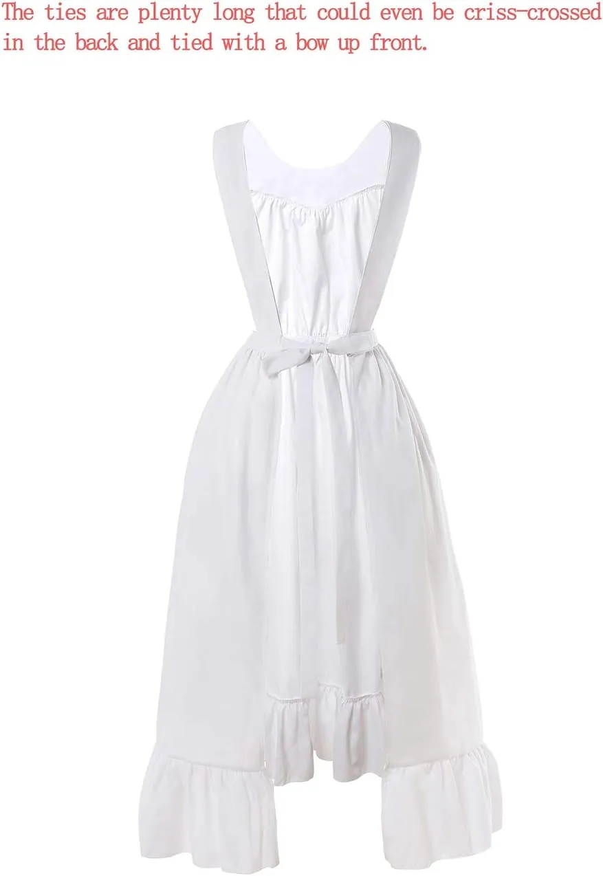 CR ROLECOS White Vintage Maid Ruffle Apron for Women Colonial Pioneer Peasant Apron Pinafore Adjustable Kitchen Gift