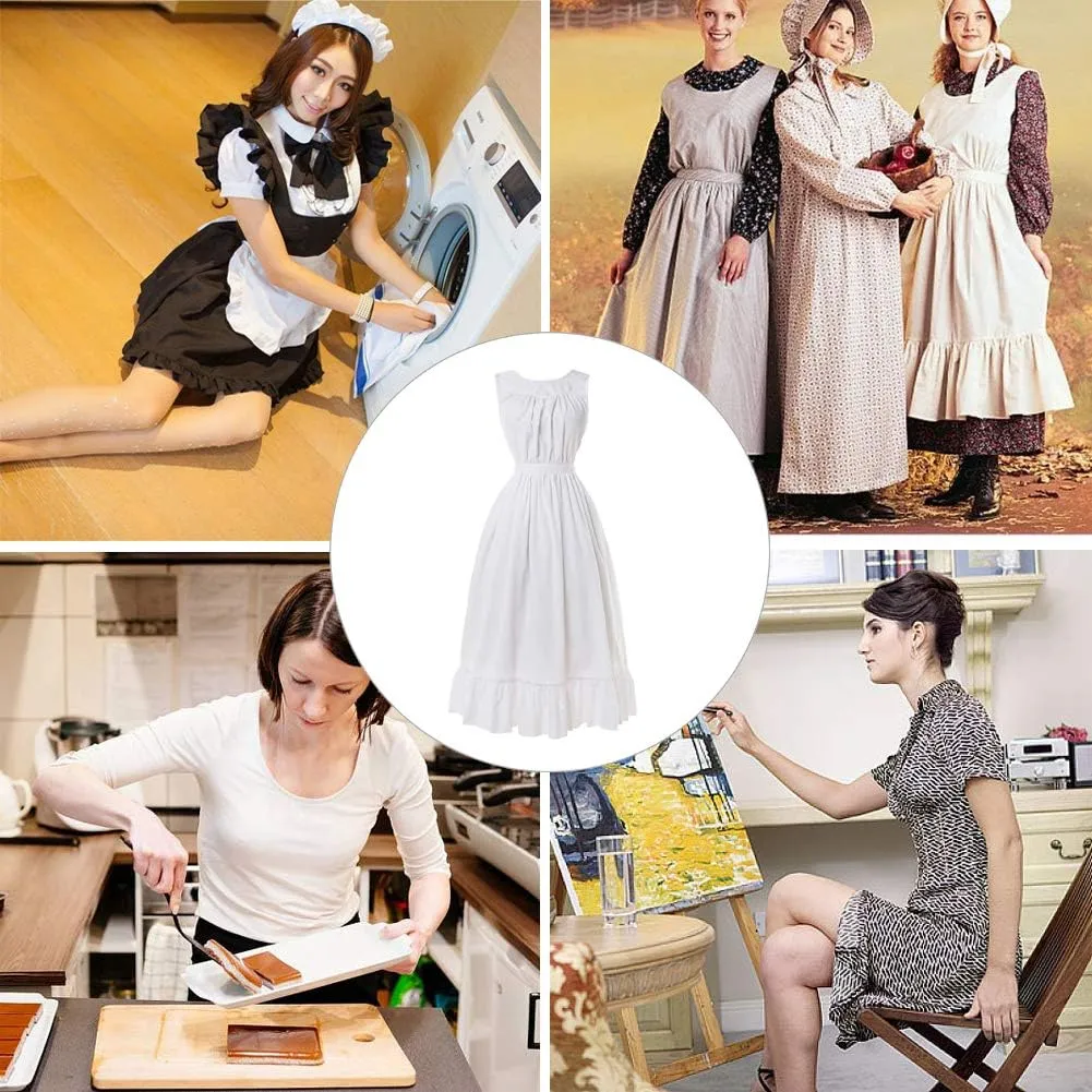 CR ROLECOS White Vintage Maid Ruffle Apron for Women Colonial Pioneer Peasant Apron Pinafore Adjustable Kitchen Gift