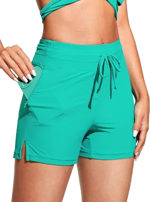 CRZ YOGA Womens Swim Board Shorts 4'' - High Waisted Side Split Bathing Swimwear Bottoms with Mesh Liner Zipper Pocket