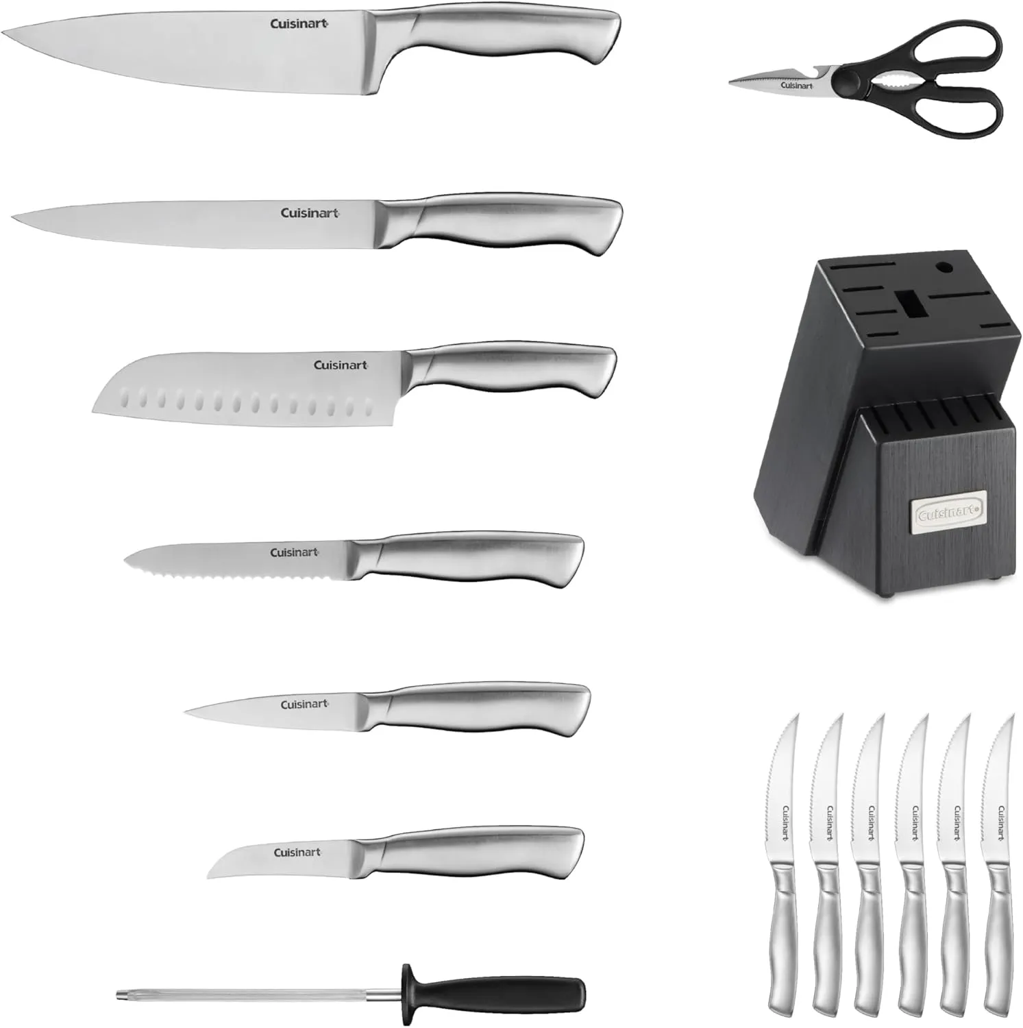 Cuisinart Block Knife Set, 15pc Cutlery Knife Set with Steel Blades for Precise Cutting, Lightweight, Stainless Steel, Durable & Dishwasher Safe, Grey