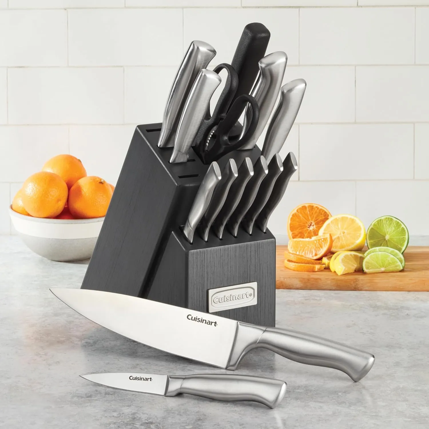 Cuisinart Block Knife Set, 15pc Cutlery Knife Set with Steel Blades for Precise Cutting, Lightweight, Stainless Steel, Durable & Dishwasher Safe, Grey