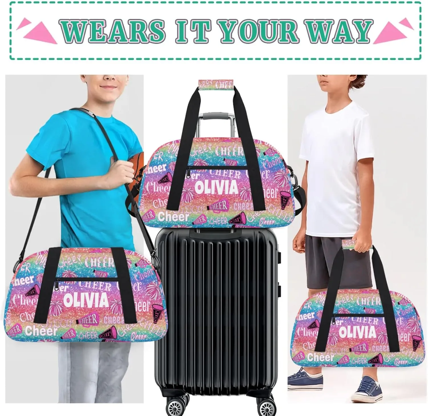 Custom Cheer Dance Bag, Personalized Gradient Pink Blue Red Glittering Duffle Bag with Name Overnight Bag Ballet Gym Duffle Bag for Travel Sleepover Bag