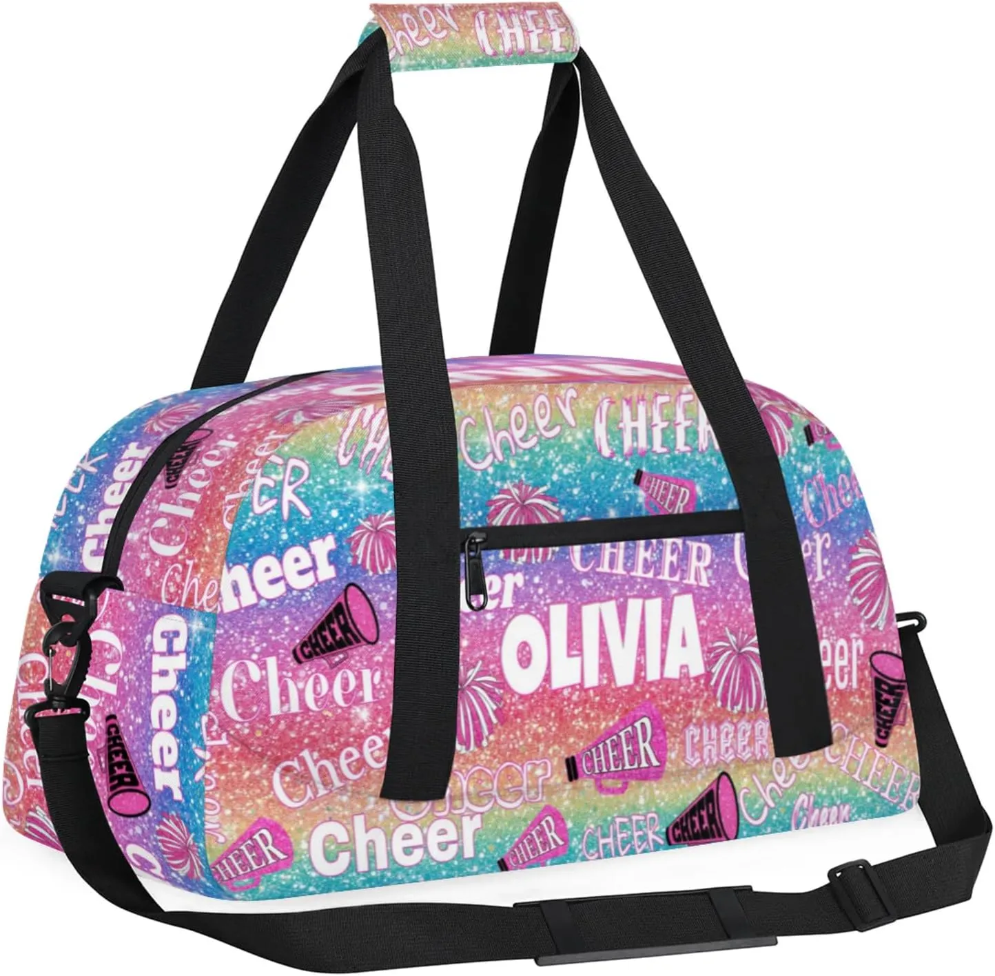 Custom Cheer Dance Bag, Personalized Gradient Pink Blue Red Glittering Duffle Bag with Name Overnight Bag Ballet Gym Duffle Bag for Travel Sleepover Bag
