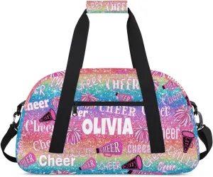 Custom Cheer Dance Bag, Personalized Gradient Pink Blue Red Glittering Duffle Bag with Name Overnight Bag Ballet Gym Duffle Bag for Travel Sleepover Bag