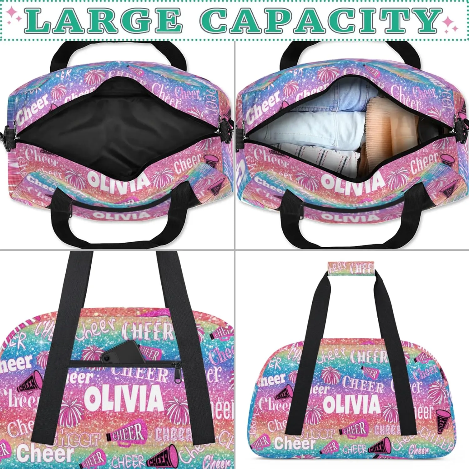 Custom Cheer Dance Bag, Personalized Gradient Pink Blue Red Glittering Duffle Bag with Name Overnight Bag Ballet Gym Duffle Bag for Travel Sleepover Bag
