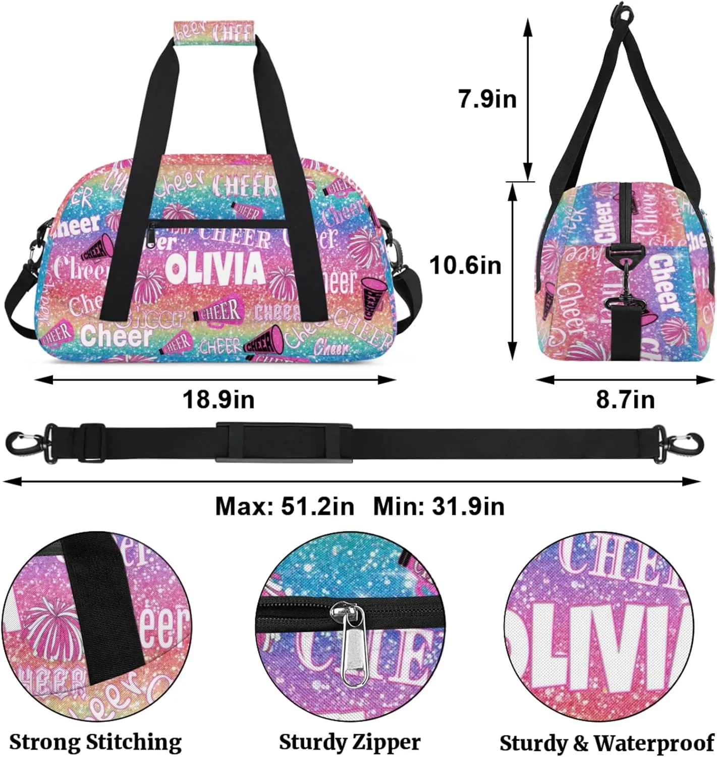 Custom Cheer Dance Bag, Personalized Gradient Pink Blue Red Glittering Duffle Bag with Name Overnight Bag Ballet Gym Duffle Bag for Travel Sleepover Bag