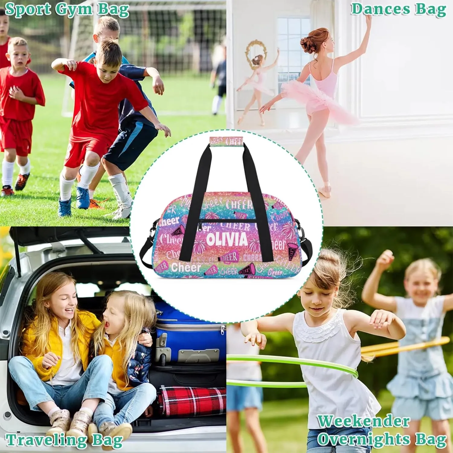 Custom Cheer Dance Bag, Personalized Gradient Pink Blue Red Glittering Duffle Bag with Name Overnight Bag Ballet Gym Duffle Bag for Travel Sleepover Bag
