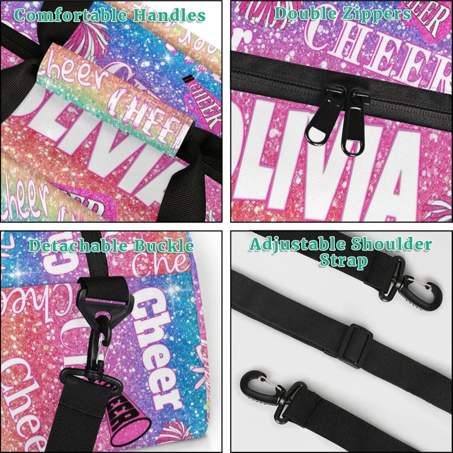 Custom Cheer Dance Bag, Personalized Gradient Pink Blue Red Glittering Duffle Bag with Name Overnight Bag Ballet Gym Duffle Bag for Travel Sleepover Bag