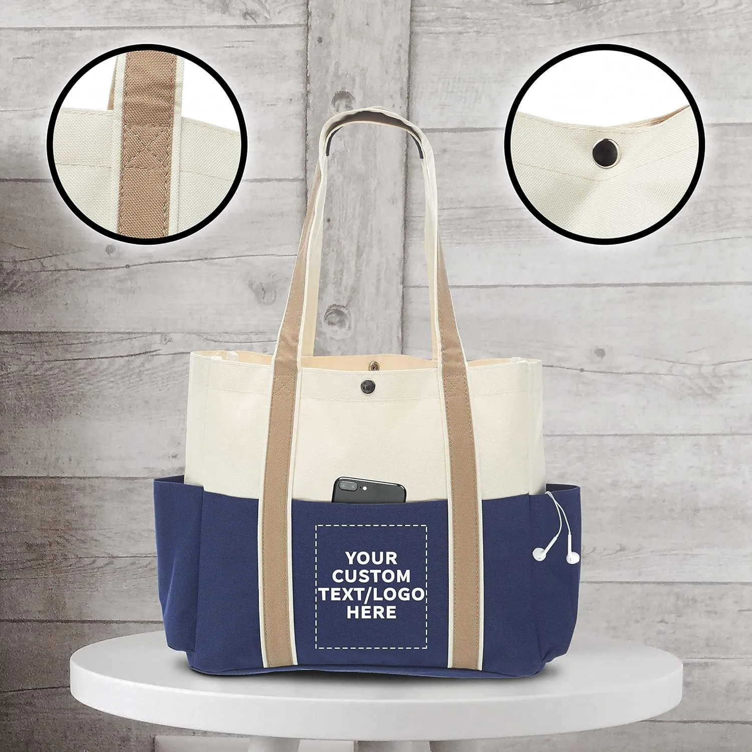 Custom Dual Color Shoulder Tote Bags Set of 6, Personalized Bulk Pack - Cool Modern Design, Perfect For Everyday Use - Blue