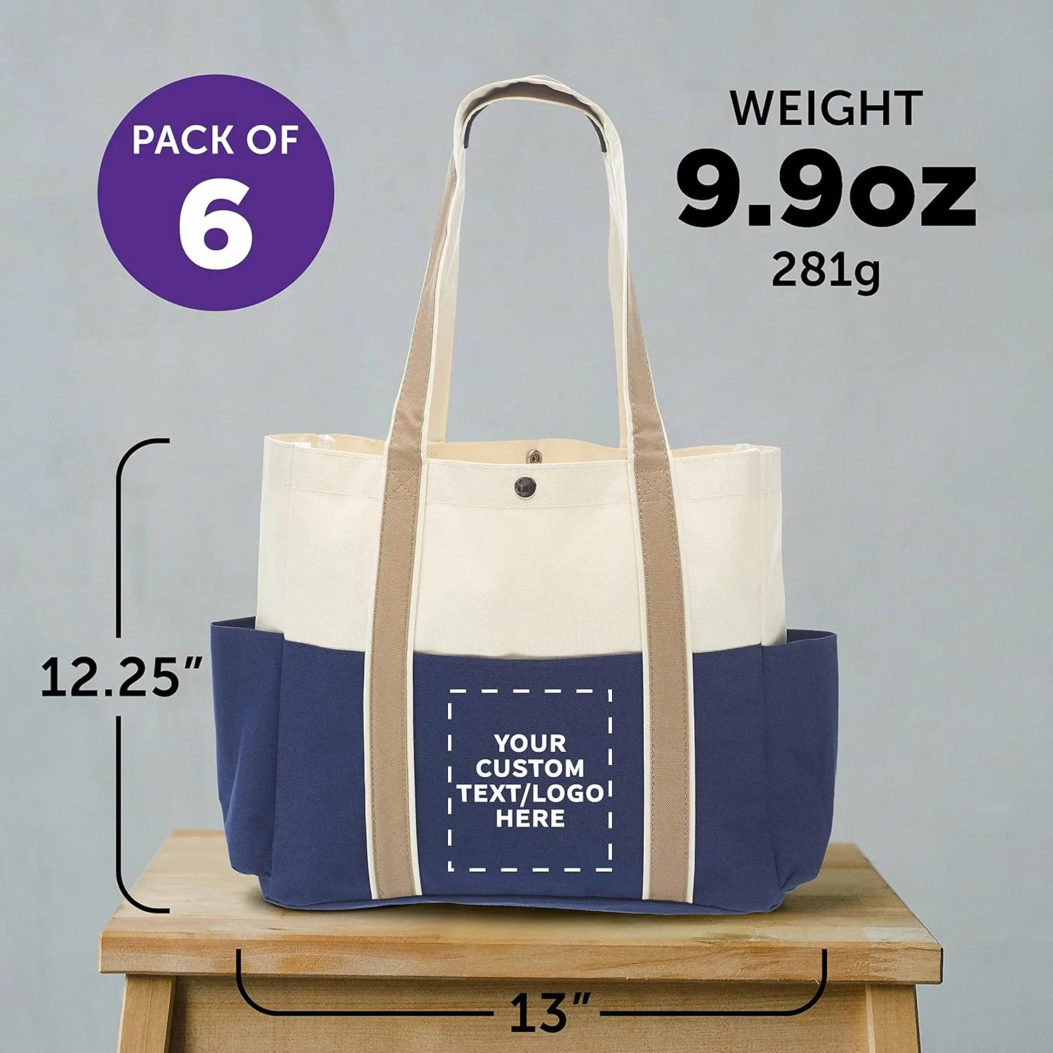 Custom Dual Color Shoulder Tote Bags Set of 6, Personalized Bulk Pack - Cool Modern Design, Perfect For Everyday Use - Blue