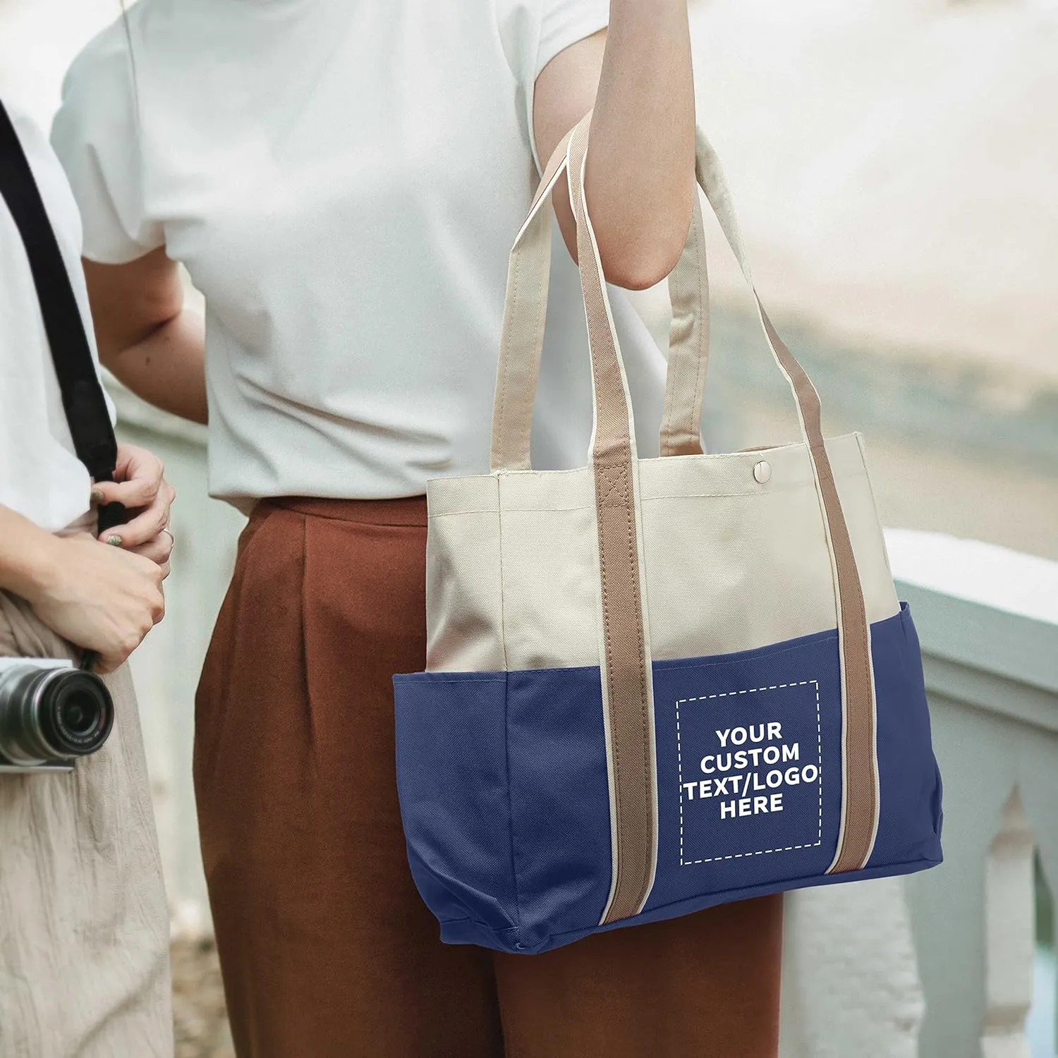 Custom Dual Color Shoulder Tote Bags Set of 6, Personalized Bulk Pack - Cool Modern Design, Perfect For Everyday Use - Blue