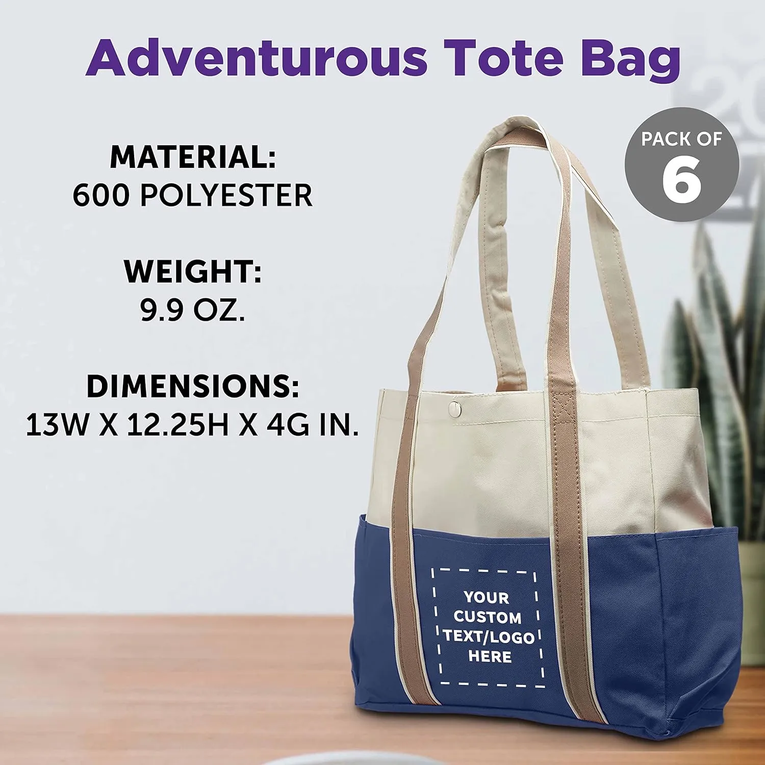Custom Dual Color Shoulder Tote Bags Set of 6, Personalized Bulk Pack - Cool Modern Design, Perfect For Everyday Use - Blue
