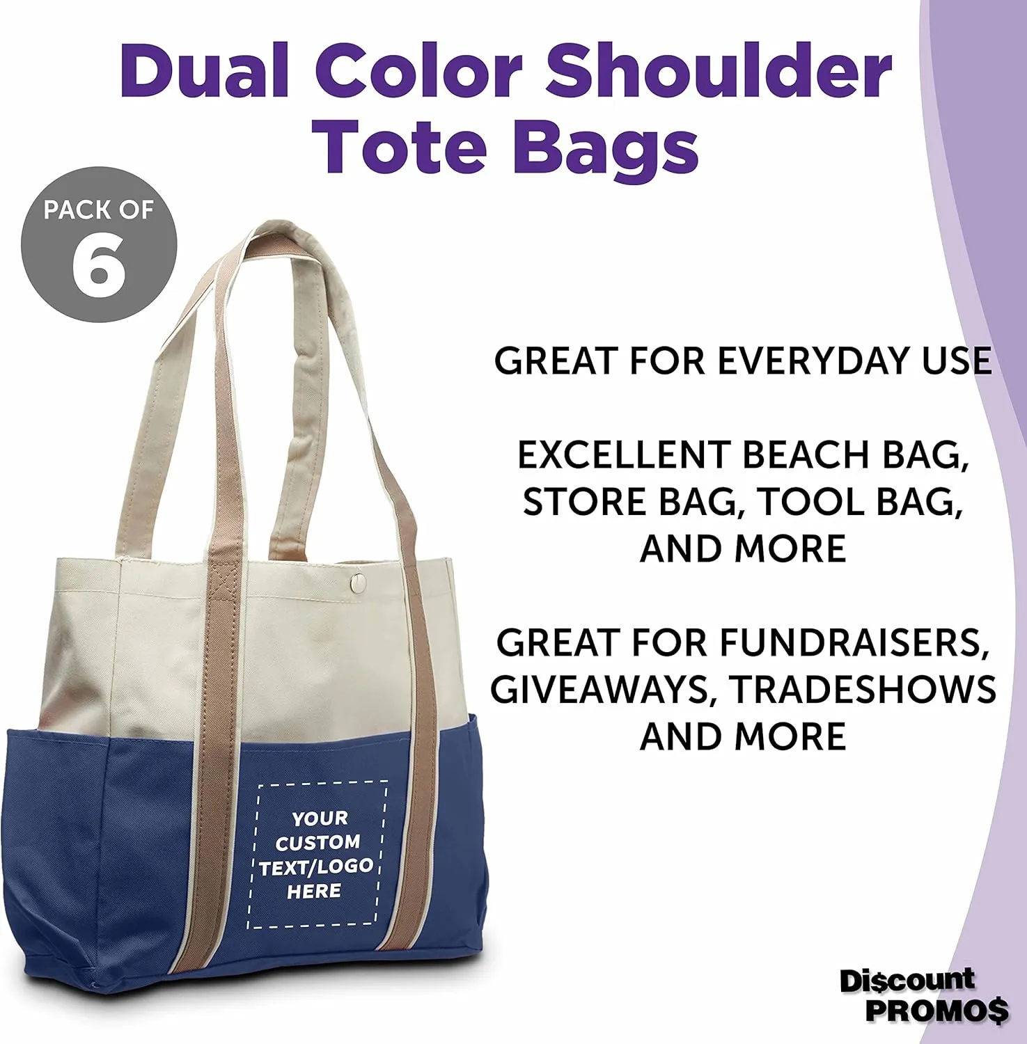 Custom Dual Color Shoulder Tote Bags Set of 6, Personalized Bulk Pack - Cool Modern Design, Perfect For Everyday Use - Blue