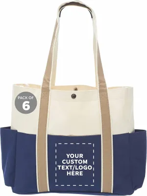 Custom Dual Color Shoulder Tote Bags Set of 6, Personalized Bulk Pack - Cool Modern Design, Perfect For Everyday Use - Blue