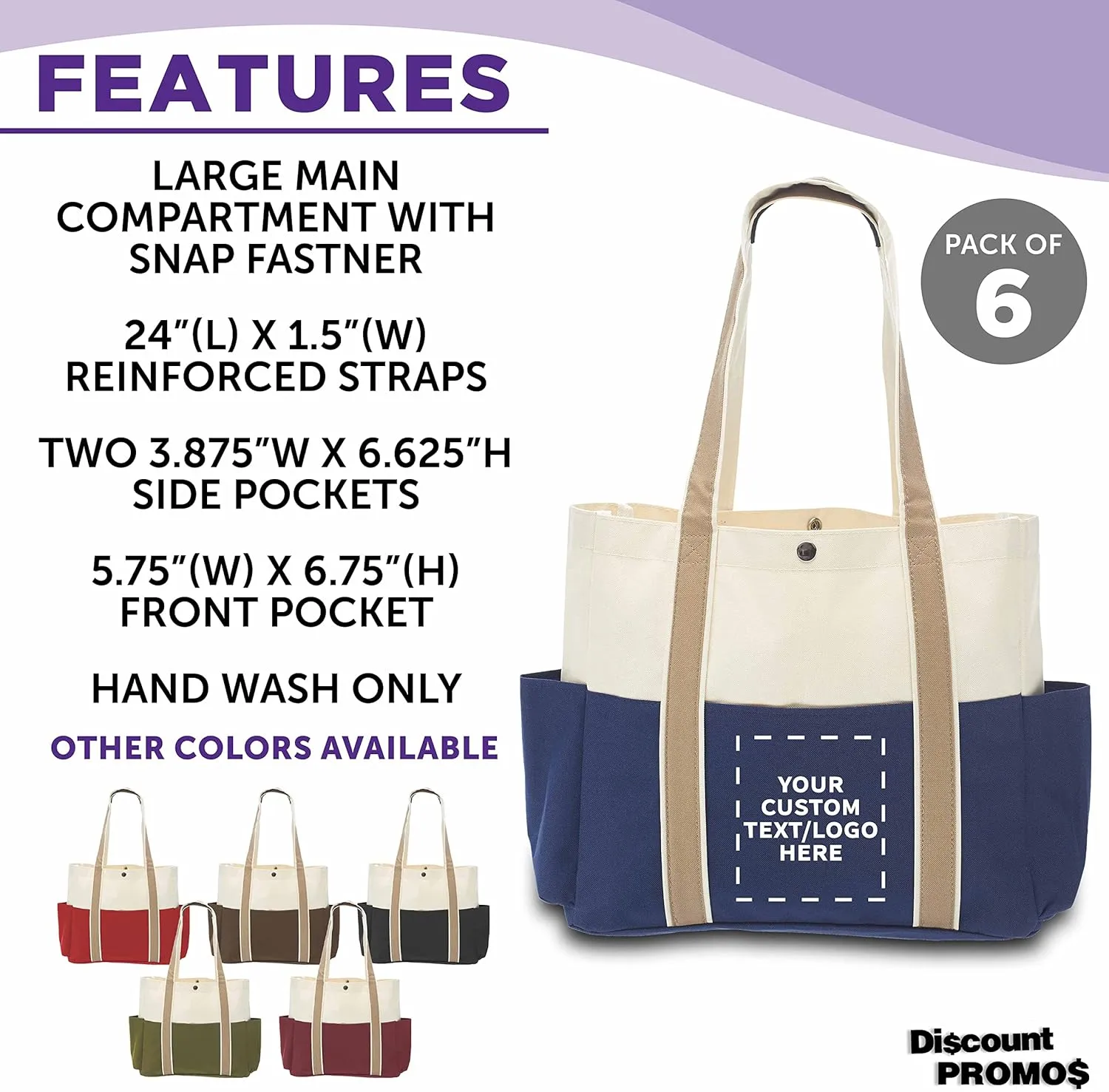 Custom Dual Color Shoulder Tote Bags Set of 6, Personalized Bulk Pack - Cool Modern Design, Perfect For Everyday Use - Blue