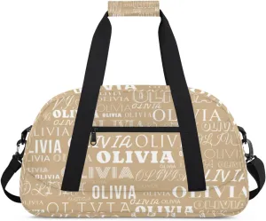 Custom Kids Duffel Bag with Your Name Lightweight Waterproof Personalized Sports Gym Bag with Front Zipper Pocket Foldable Weekender Overnight Bag for School Practice Gymnastic Ballet Tan