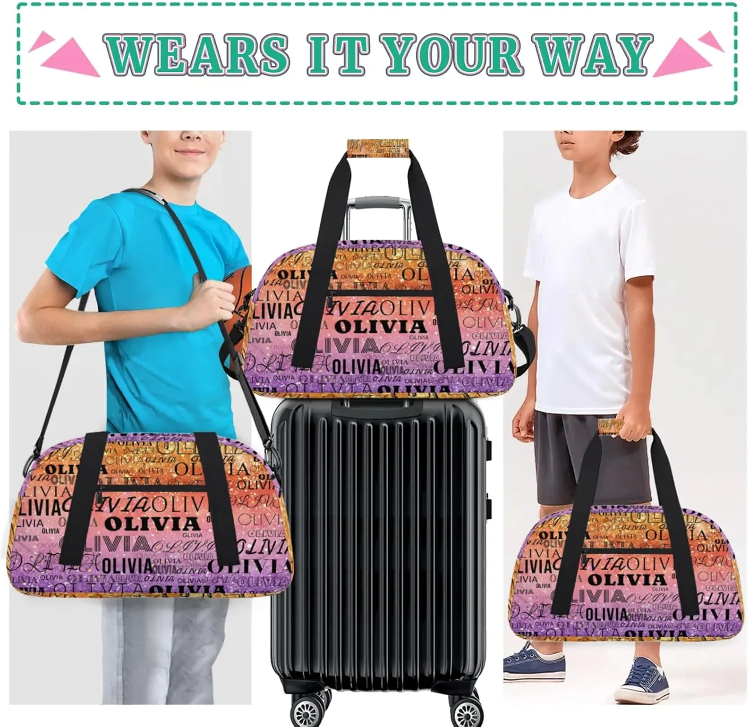 Custom Kids Duffel Bag with Your Name Lightweight Waterproof Personalized Sports Gym Bag with Front Zipper Pocket Foldable Weekender Overnight Bag for School Practice Gymnastic Ballet