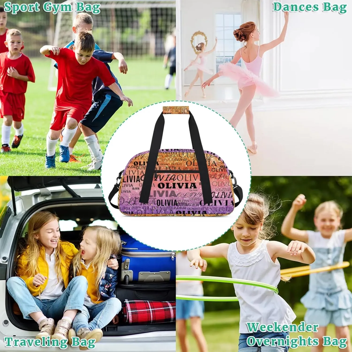 Custom Kids Duffel Bag with Your Name Lightweight Waterproof Personalized Sports Gym Bag with Front Zipper Pocket Foldable Weekender Overnight Bag for School Practice Gymnastic Ballet