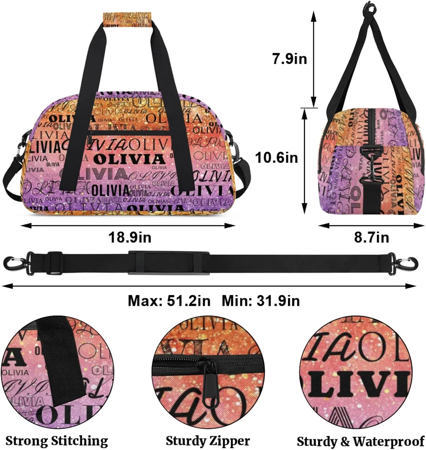 Custom Kids Duffel Bag with Your Name Lightweight Waterproof Personalized Sports Gym Bag with Front Zipper Pocket Foldable Weekender Overnight Bag for School Practice Gymnastic Ballet