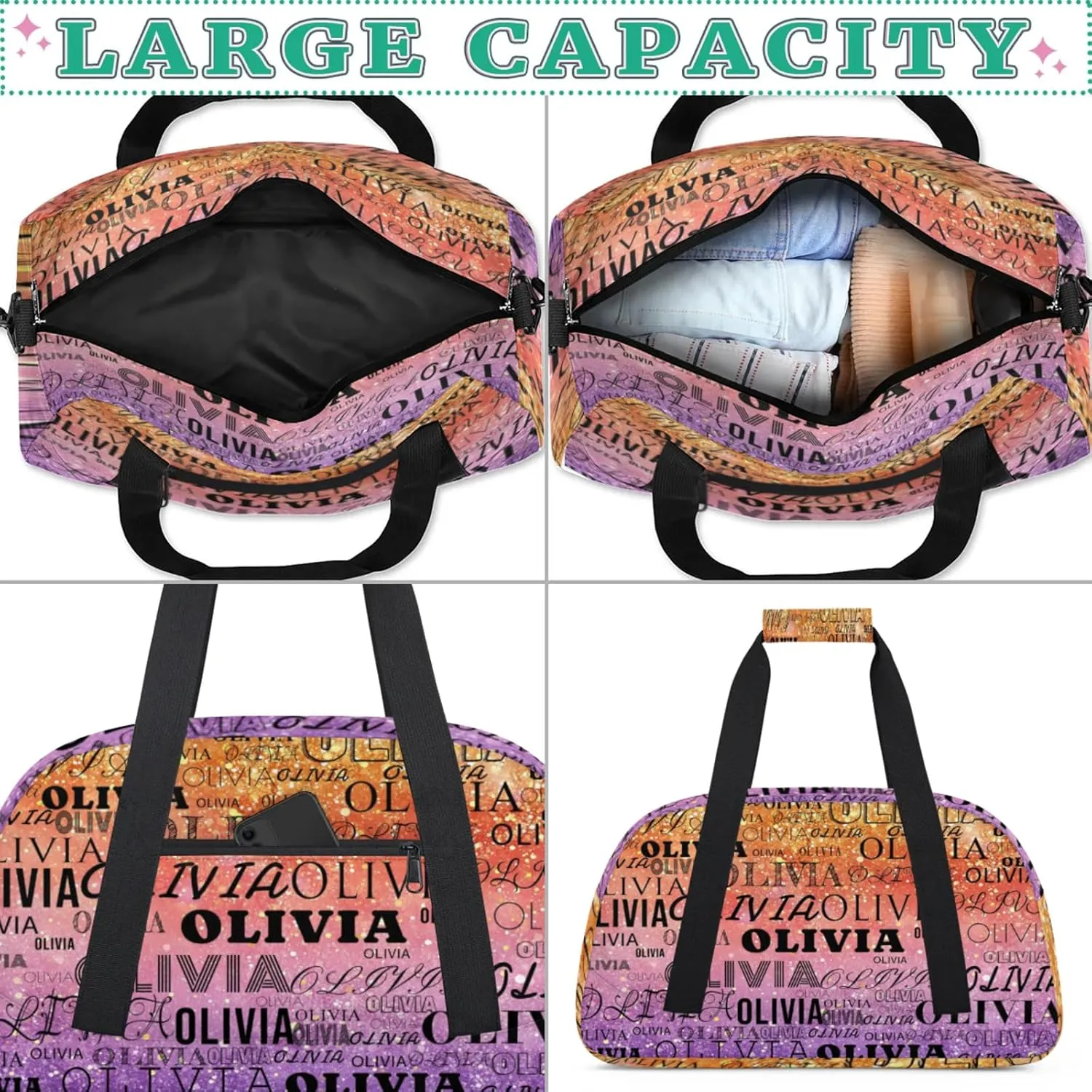 Custom Kids Duffel Bag with Your Name Lightweight Waterproof Personalized Sports Gym Bag with Front Zipper Pocket Foldable Weekender Overnight Bag for School Practice Gymnastic Ballet