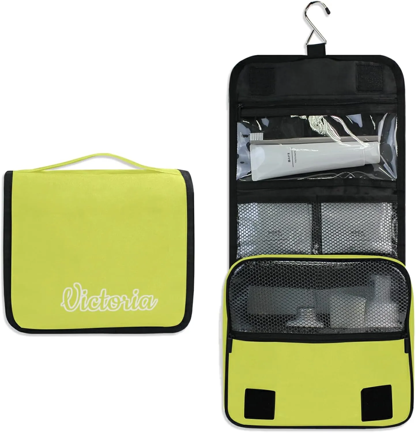 Custom Light Yellow Travel Hanging Toiletry Bag Personalized Makeup Large Customized Cosmetic Bag Toiletry Organizer Waterproof for Women Girl Toiletries Cosmetics