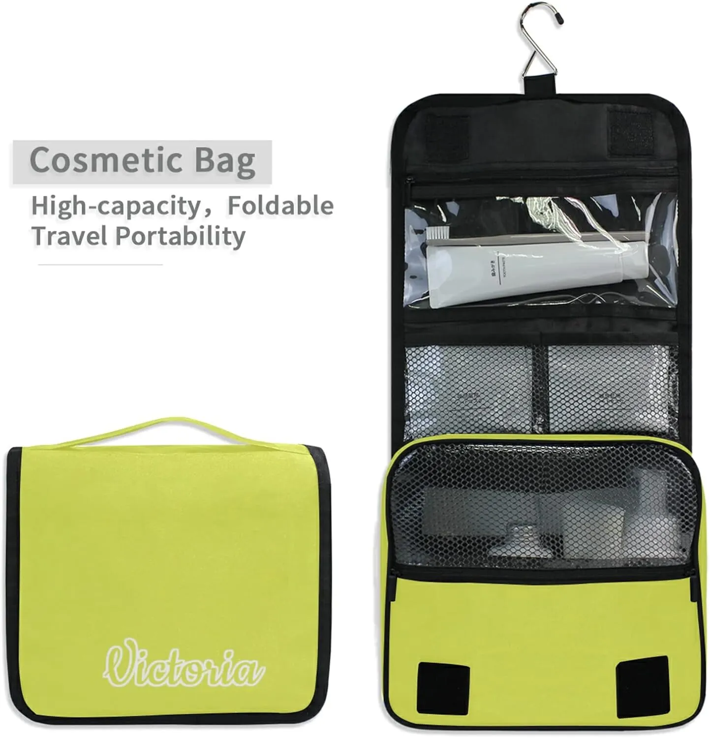Custom Light Yellow Travel Hanging Toiletry Bag Personalized Makeup Large Customized Cosmetic Bag Toiletry Organizer Waterproof for Women Girl Toiletries Cosmetics