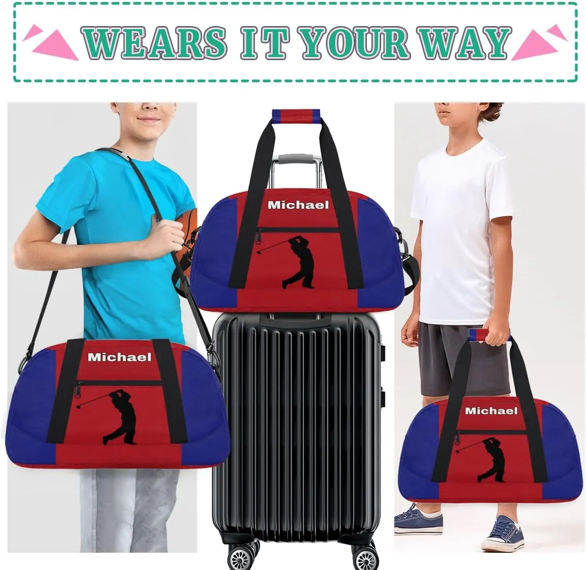 Custom Name Sports Duffel Bag Boys, Personalized Sportsman Training Bag Travel Weekender Tote Carry-On Fitness Workout Bag, Golf Silhouette