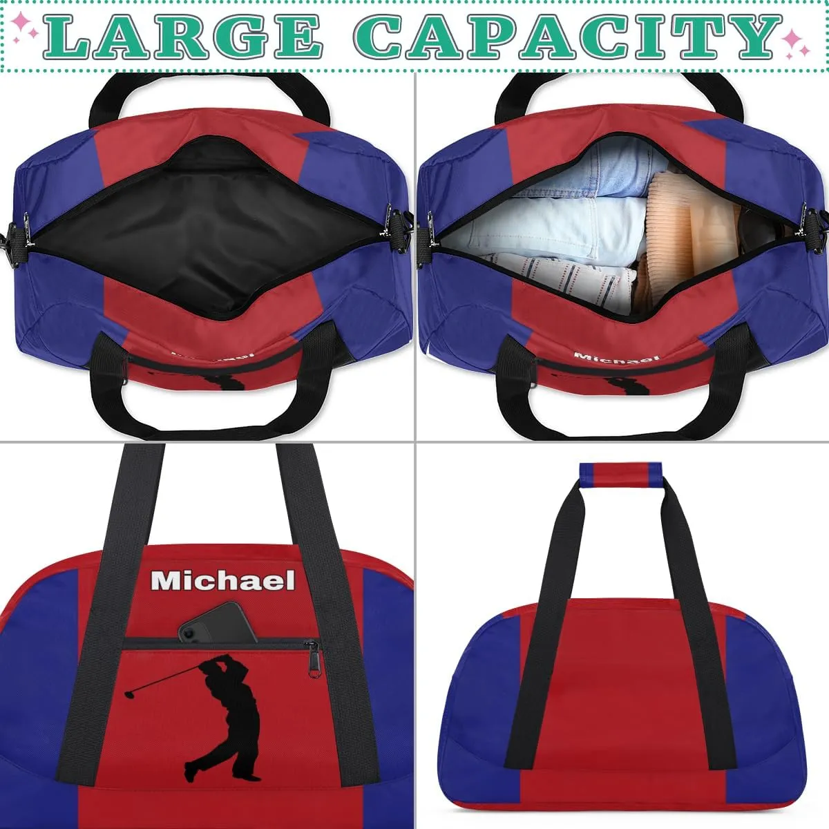Custom Name Sports Duffel Bag Boys, Personalized Sportsman Training Bag Travel Weekender Tote Carry-On Fitness Workout Bag, Golf Silhouette