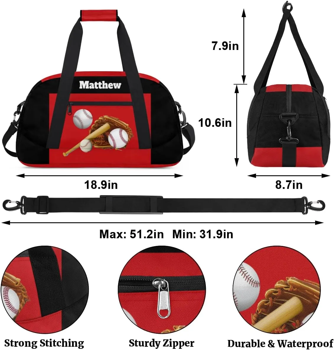 Custom Named Sports Ball Bag for Boys, Gym Bag Sports Travel Duffle Bag Tote Dance Training Carry On Weekend Sports Bag, Baseball with Gloves Sports