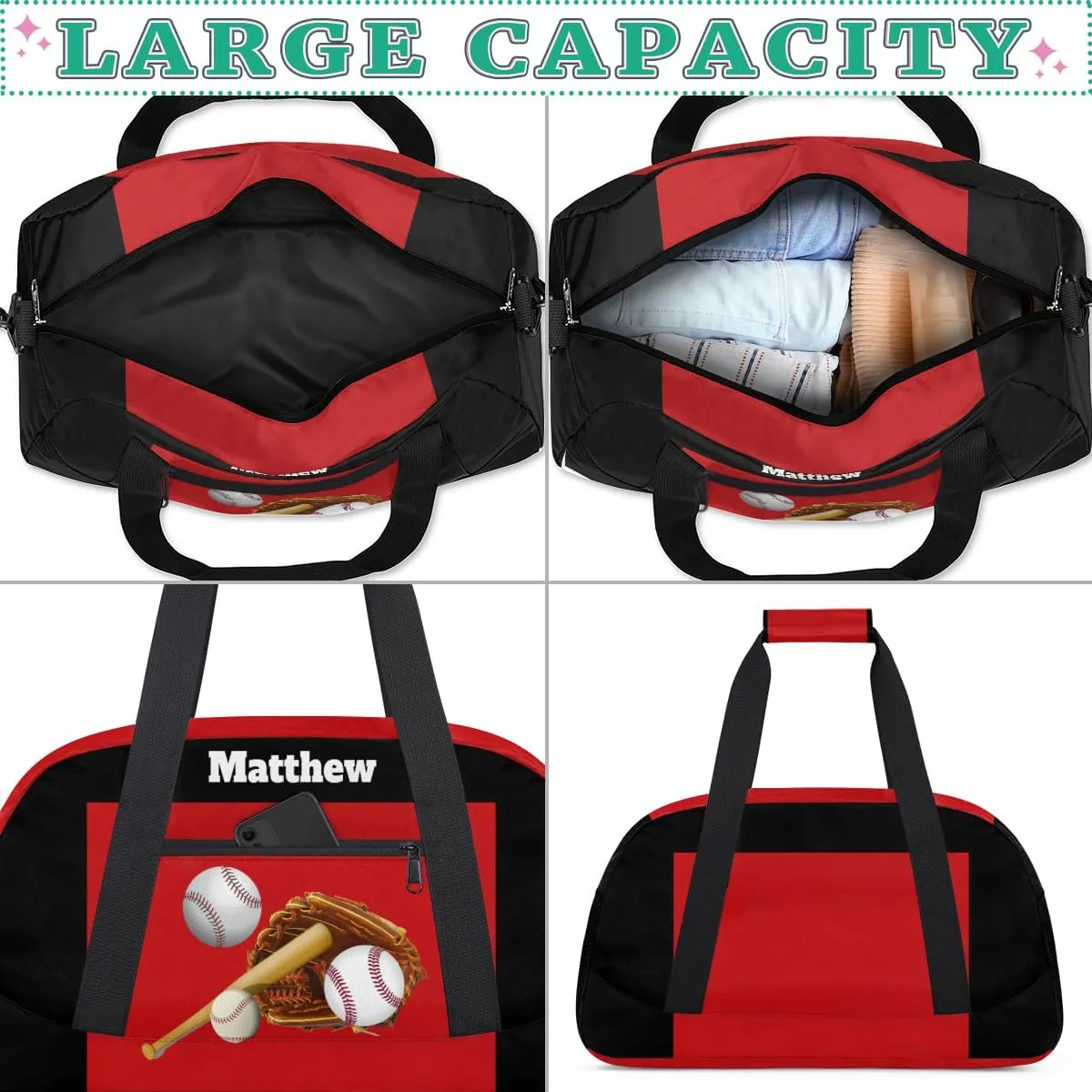 Custom Named Sports Ball Bag for Boys, Gym Bag Sports Travel Duffle Bag Tote Dance Training Carry On Weekend Sports Bag, Baseball with Gloves Sports
