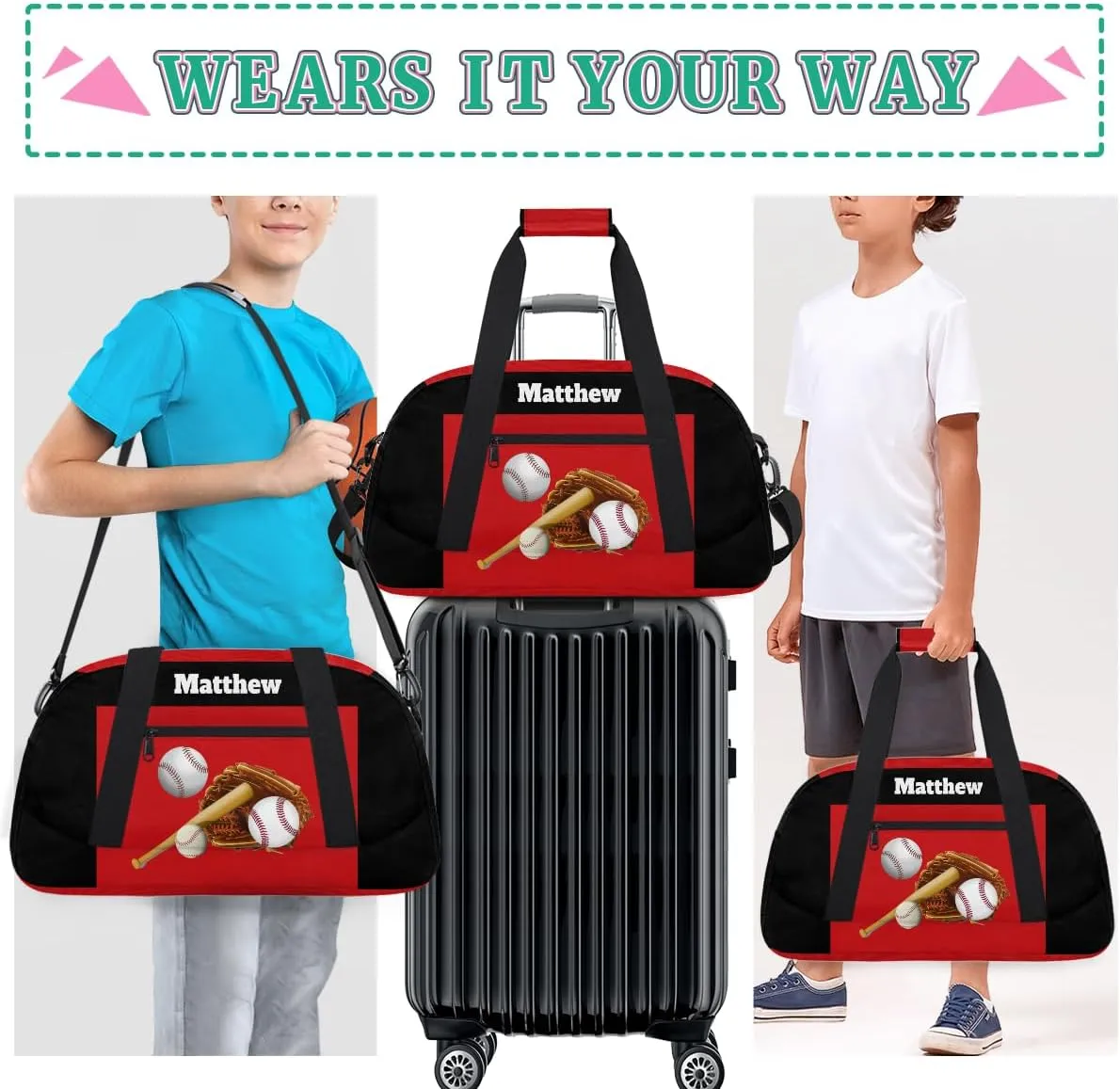 Custom Named Sports Ball Bag for Boys, Gym Bag Sports Travel Duffle Bag Tote Dance Training Carry On Weekend Sports Bag, Baseball with Gloves Sports
