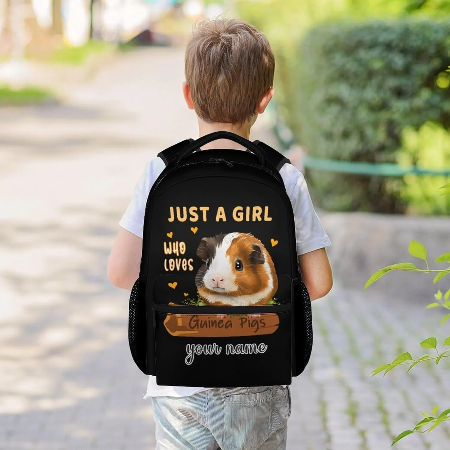 Custom School Backpack for Kids - 16 Inch Cute Backpack for Guinea Pig Lovers - Black Lightweight Durable Bookbag for Girls
