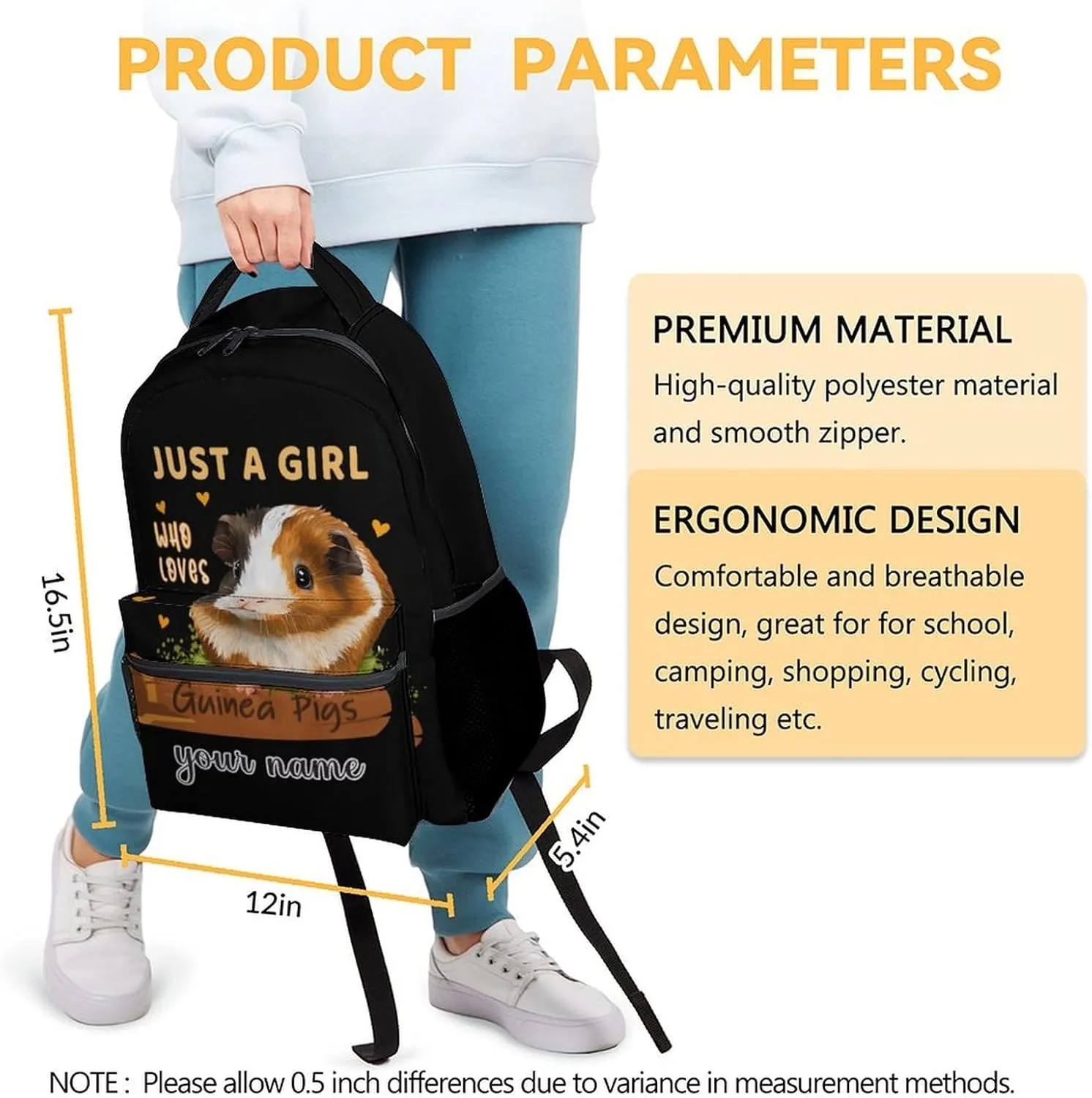 Custom School Backpack for Kids - 16 Inch Cute Backpack for Guinea Pig Lovers - Black Lightweight Durable Bookbag for Girls