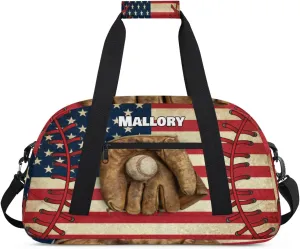 Custom Sports Baseball Bag for Boys, Personalized Sports Gym Duffel Tote Workout Bag Named Rank Travel Overnight Training Bag, Vintage USA Flag Baseball
