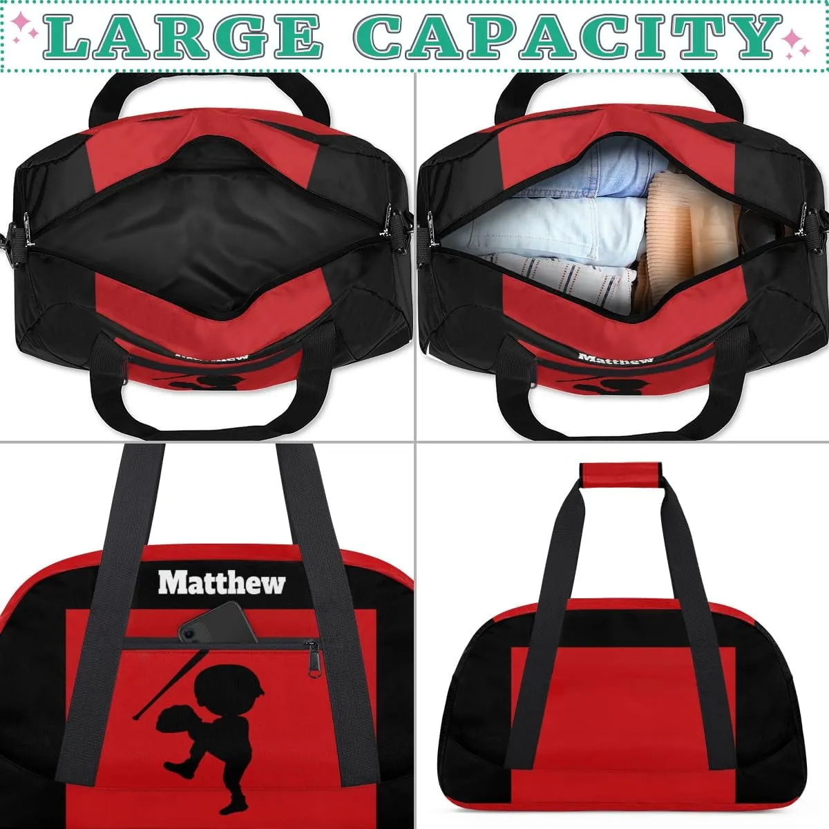 Custom Sports Baseball Gym Duffel Bag for Boys, Personalized Gym Bag Sports Travel Bag Tote Training Carry On Weekend Sports Travel Bag, Cute Kids Baseball Silhouette